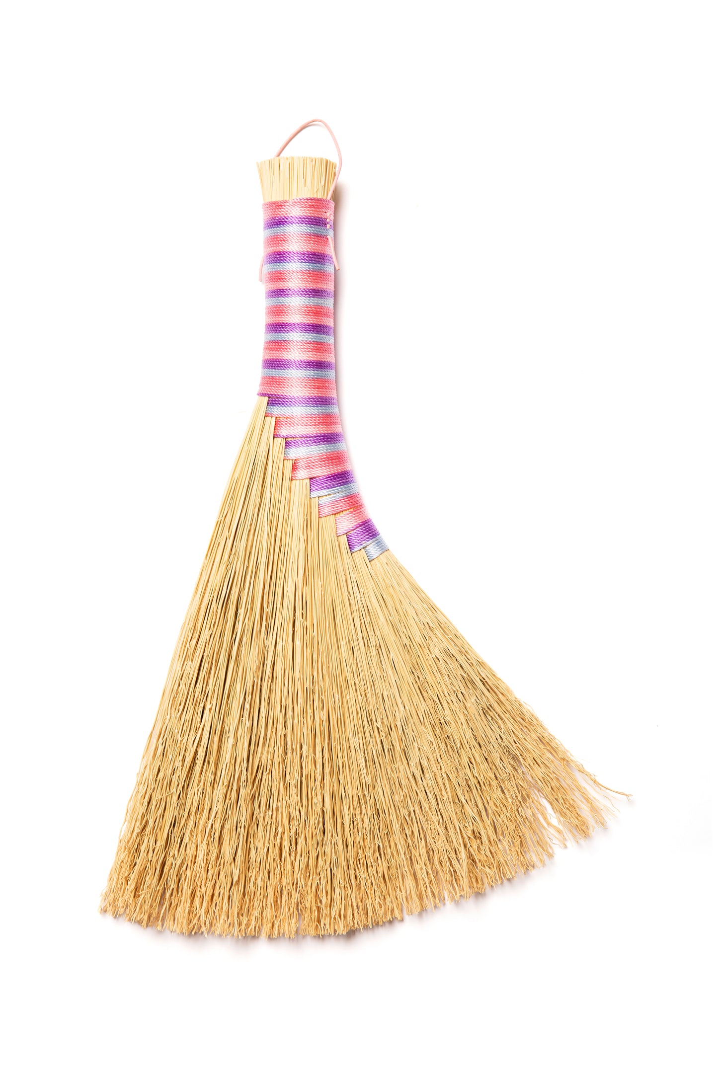Bright pink blue and purple striped handmade hand broom with natural broomcorn, colourful heritage craft by Bristol Broomworks Somerset UK