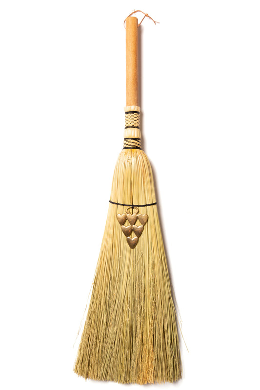 Small Hearth Broom + Five of Hearts Vintage Horse Brass  | Handcrafted Heritage Broom | Bristol Broomworks