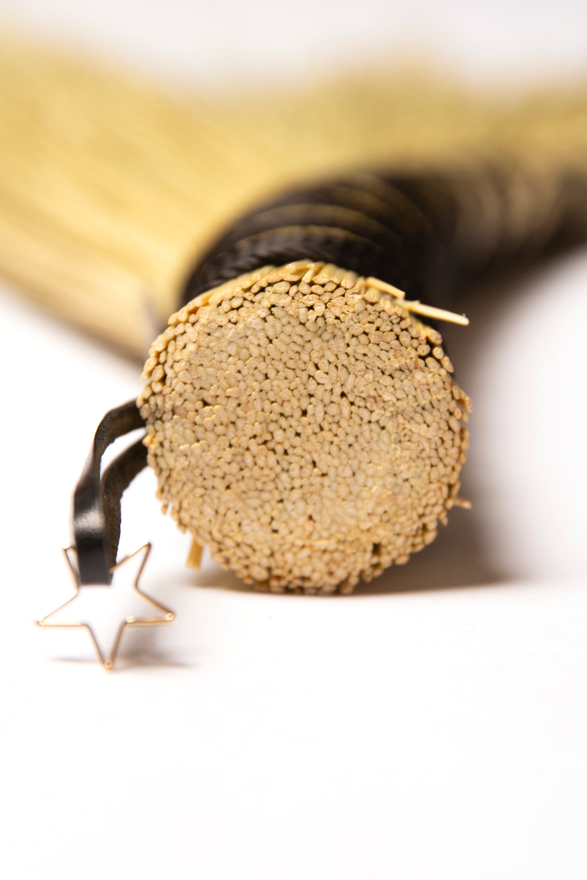 Handle close up of hand broom with black twine, black leather hanger and gold plated star against a white background