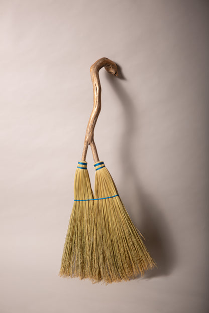 Double headed broom on driftwood forked handle blue twine natural broomcorn hand crafted