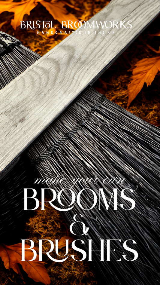 Broom with wooden handle and black bristles against a dark background with autumn leaves, featuring 'Bristol Broomworks' branding.