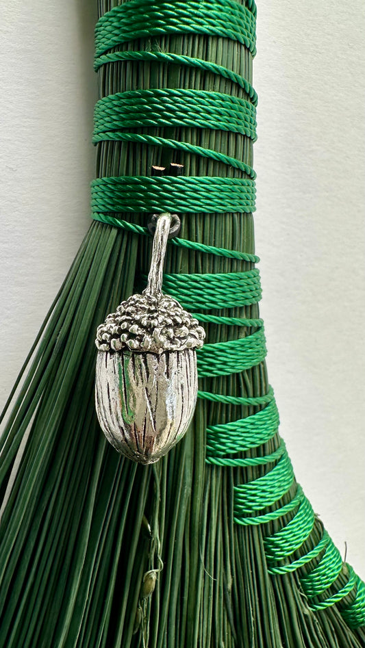 Green Full Colour Hand Broom with Silver Acorn | Handcrafted Heritage Broom | Bristol Broomworks
