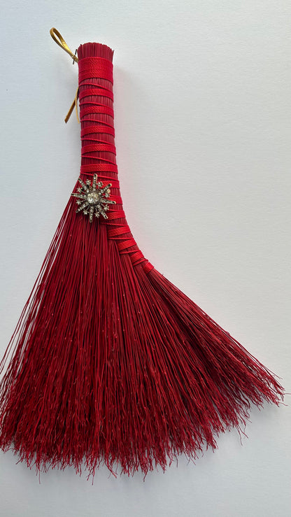 Red Full Colour Hand Broom with Vintage Snowflake Brooch | Handcrafted Heritage Broom | Bristol Broomworks