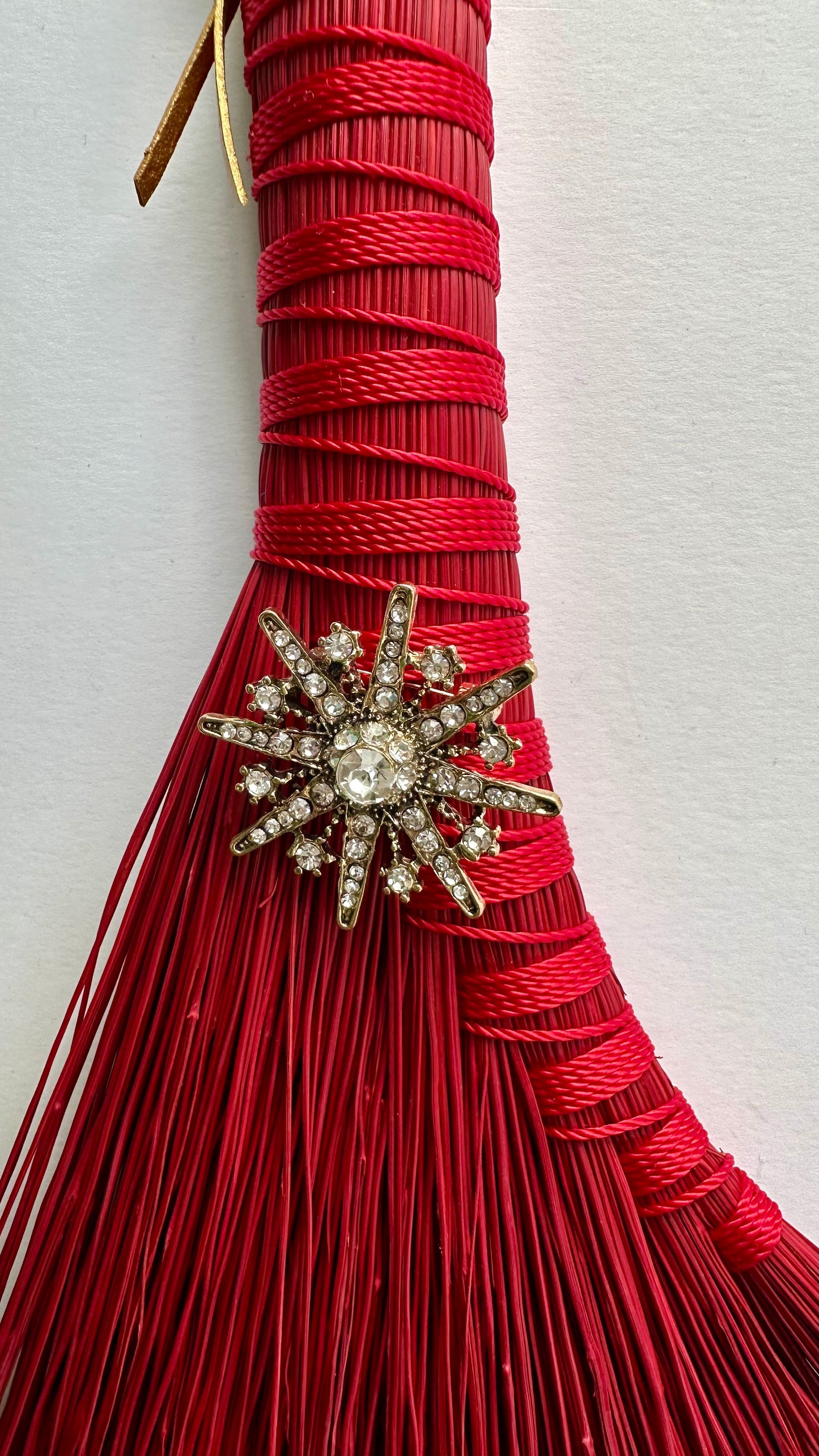 Red Full Colour Hand Broom with Vintage Snowflake Brooch | Handcrafted Heritage Broom | Bristol Broomworks