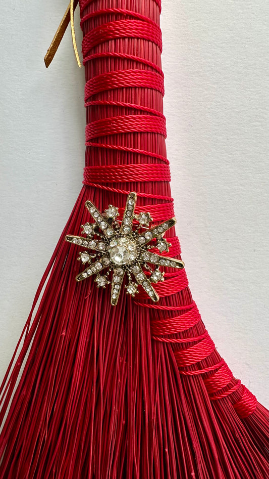 Red Full Colour Hand Broom with Vintage Snowflake Brooch | Handcrafted Heritage Broom | Bristol Broomworks