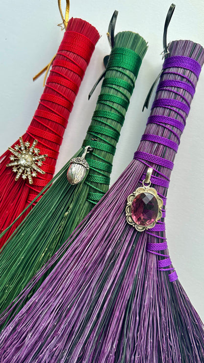 Red Full Colour Hand Broom with Vintage Snowflake Brooch | Handcrafted Heritage Broom | Bristol Broomworks