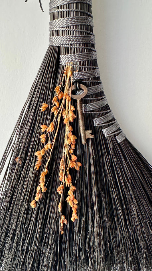 Black Full Colour Hand Broom with Vintage Key  | Handcrafted Heritage Broom | Bristol Broomworks