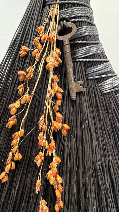 Black Full Colour Hand Broom with Vintage Key  | Handcrafted Heritage Broom | Bristol Broomworks